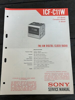 Sony ICF-C11W FM/AM Digital Clock Radio US Service Manual OEM Vintage Diagrams