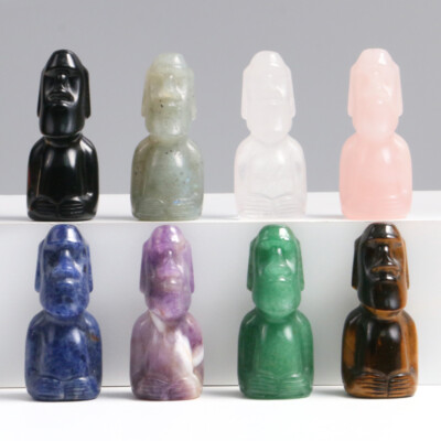 1pc Natural Crystal Moai Hand Carved Chakra Quartz Golem Skull Statues Reiki 2''