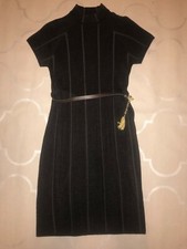 New Nine West Dress Dark Brown Wool Short Sleeve Gold Belt Chain Size Small
