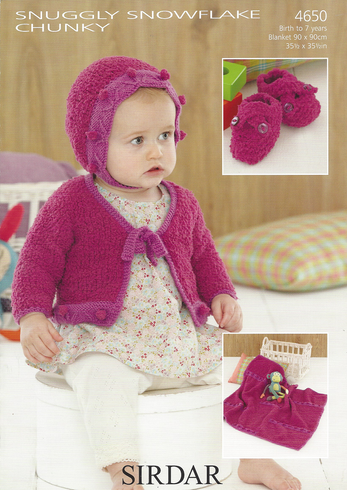 Sirdar Snuggly Snowflake Chunky Knitting Pattern 4650 Cardi, Hat,Booties +