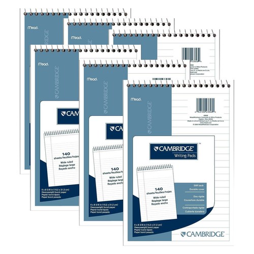 6 Mead Cambridge Wide Ruled Stiff Back Durable Cover Writing Pads, 6 x