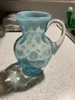 FENTON Opalescent Blue Coin Dot Pitcher With Applied Handle