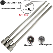 Magnetic Nut Driver 250/300mm/350mm Long Socket Impact Drill Bit 1/4" Hex 7-14mm