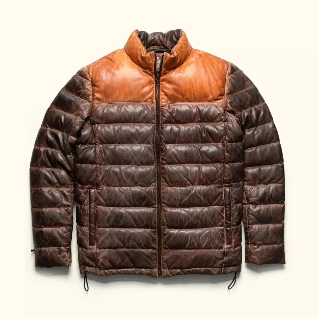Men's Double Tone Distressed Puffer Quilted Style Sheepskin Brown Leather Jacket