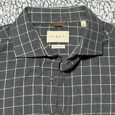 Bugatti Mens Cotton Melange Windowpane Check Button Down Shirt Grey White Size M