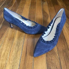Sole Society Danla Navy Blue Suede Leather Ruffle Pointed Toe Heels Size 9 M