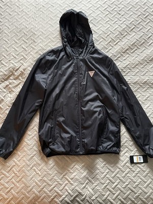 GUESS Men's Windbreaker Jacket Size S Full Zip Black Hooded NEW