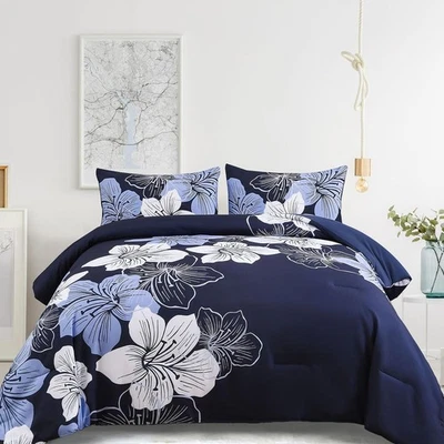 MENGHOMEUS King Size Comforter Set Navy Blue Floral Bedding Comforter Sets - Soft Microf