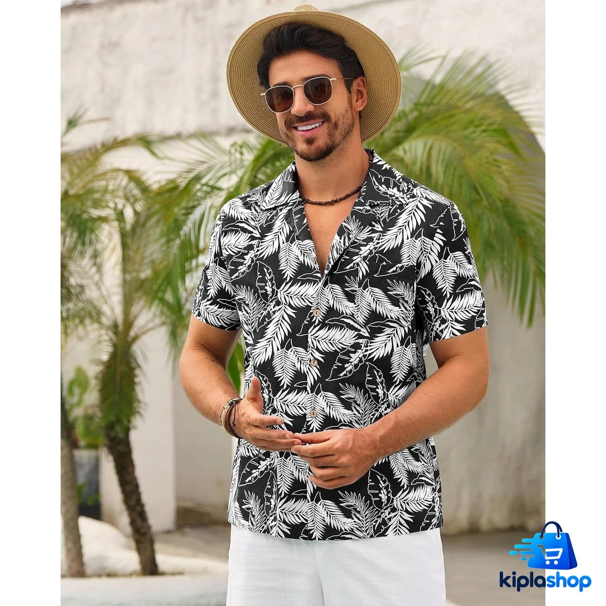 Camisa hawaiana para hombre, manga corta, algodón negro, estampado floral