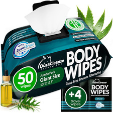 XL Body Wipes for Men   50 No-Rinse Shower Wipes  4 Travel Sachets