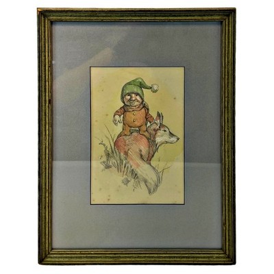 Werner Wildner Original Graphite Watercolor On Paper Smiling Gnome Fox German