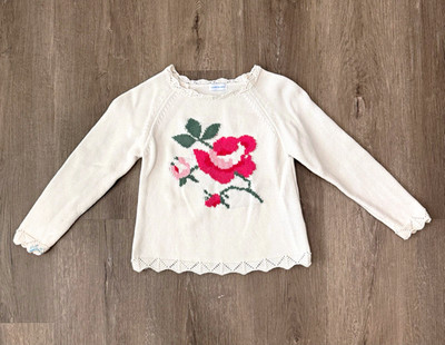 Lanidor Kids Girls Floral Knit Sweater Cream Pink Rose Size 6 Cotton Portugal