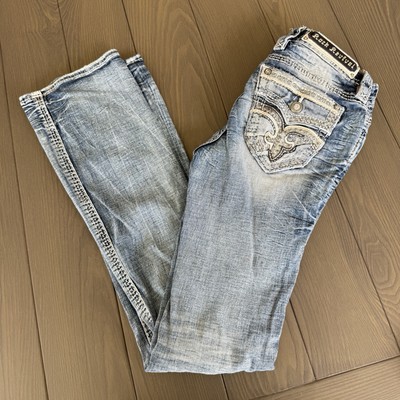 Rock Revival Bootcut Jeans Womens 24x34 Blue Wash Premium Embellished Denim READ