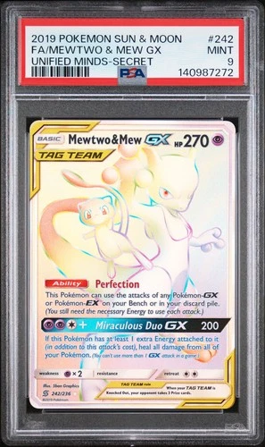 2019 POKEMON SUN & MOON UNIFIED MINDS SECRET #242 FULL ART/MEWTWO & MEW GX PSA 9