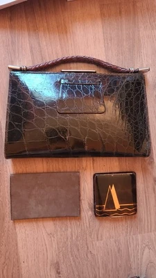Lancel sac de soirée pochette cuir verni noir, anse tressée marron, poche int. - Photo 1/4