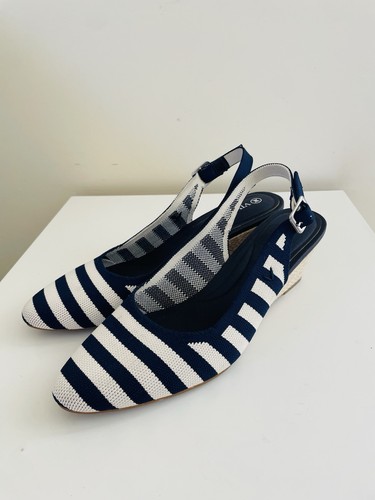 Elegant Vivaia Women’s Navy White Stripe Slingback Wedge Heeled Sandals Sz 40 9 - Picture 2 of 7