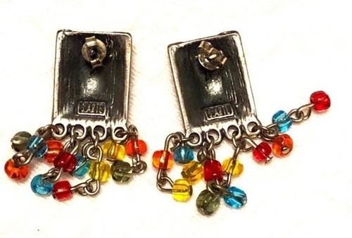 Pendientes rectangulares vintage años 80 S.Arte antiguos de plata con cuentas de semillas de cristal - Imagen 5 de 9