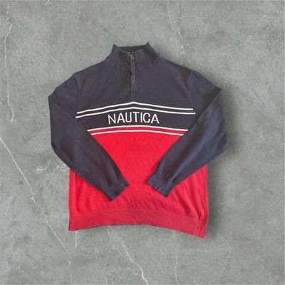 Nautica Quarter-Zip Herren Pullover XL   Rot Blau Logo Vintage   NP ca. 80  