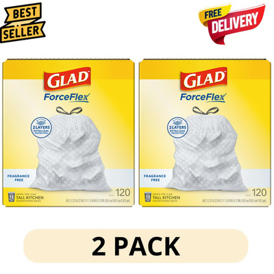 2Pack Glad ForceFlex 13Gal Trash Bags 120Ct Fragrance Free Drawstring Kitchen
