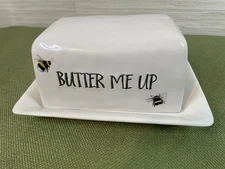 Harvest Green Studio butter dish covered large bees ‘Butter me Up’ stoneware