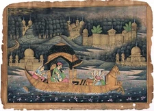 Hand Miniature Painting Of Mughal Harem Scene On Boat Handmade Gouache On Paper