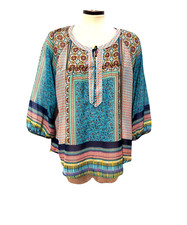 Anthropologie Fig and Flower Top Sz L Sheer Boho Blouse Floral Artsy Chiffon-345