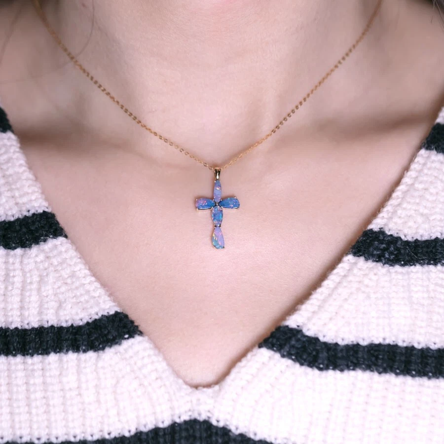 Свободной формы австралийский двойной опал крест подвеска ожерелье 14K желтое золото - Изображение 4 из 4