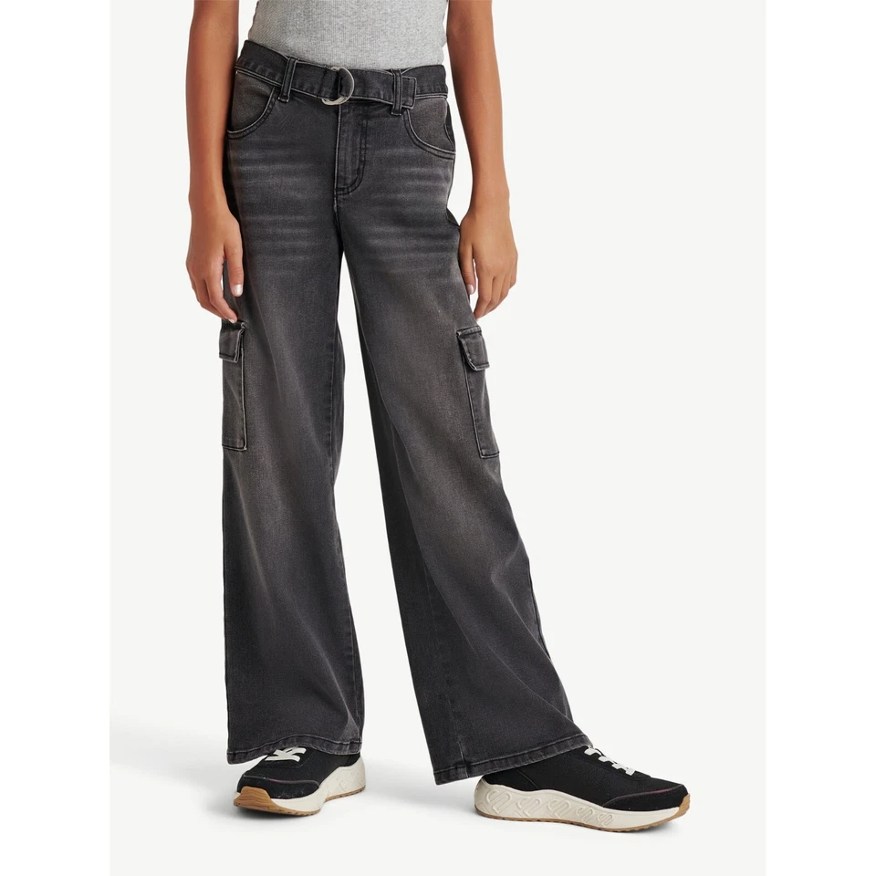 Justice Girls Black Denim Cargo With Belt, Size 18 - Image 2 of 3