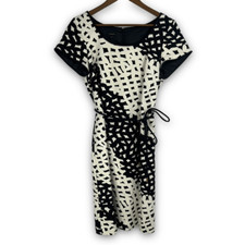 Talbots Cream Black Short Sleeve Belted Geometric Sheath Midi Dress Size 10
