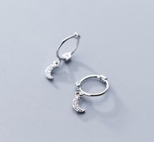 Lovely Tiny Moon 925 Sterling Silver CZ Small Dangle Huggie Hoop Earrings A1774