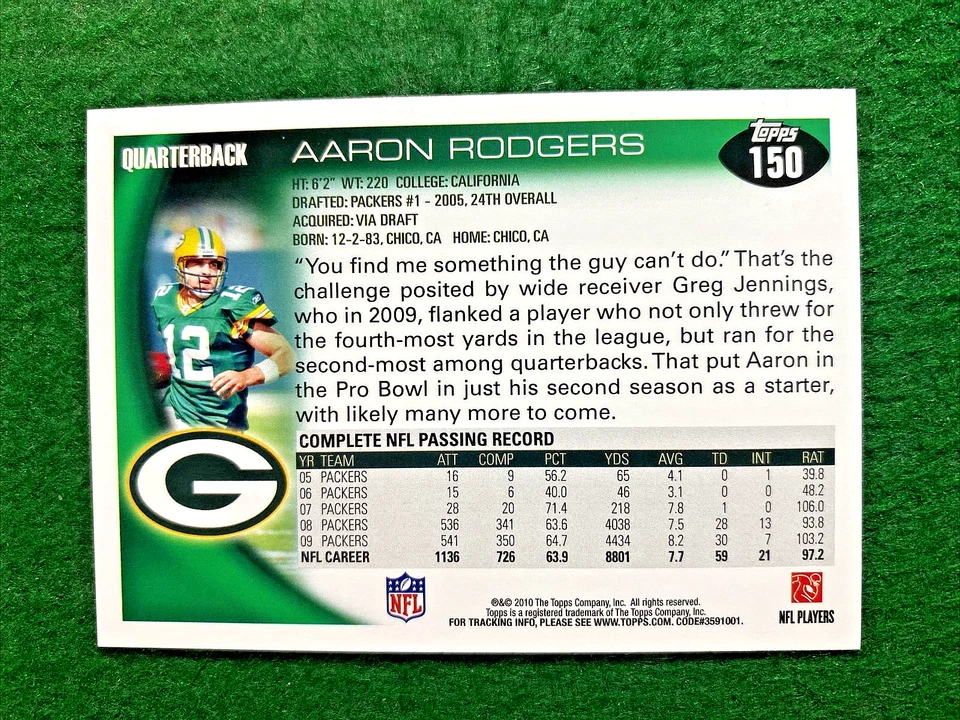 2010 Topps #150 Aaron Rodgers New York Jets Packers NFL - Image 2 of 2
