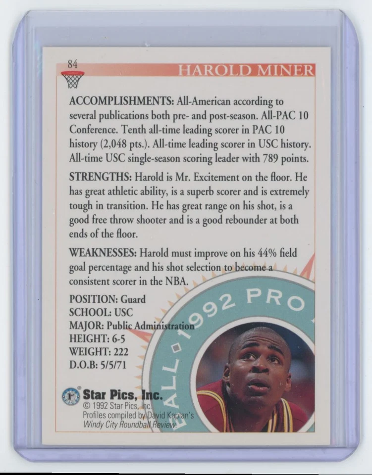 1992-93 Star Pics Pro Prospects Harold Miner . USC Trojans #84 - Image 2 of 2