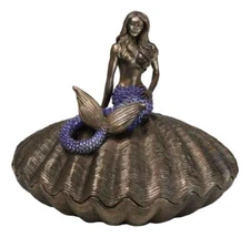 Beautiful Mermaid Sitting On Giant Sea Shell Decorative Jewelry Box Figurine