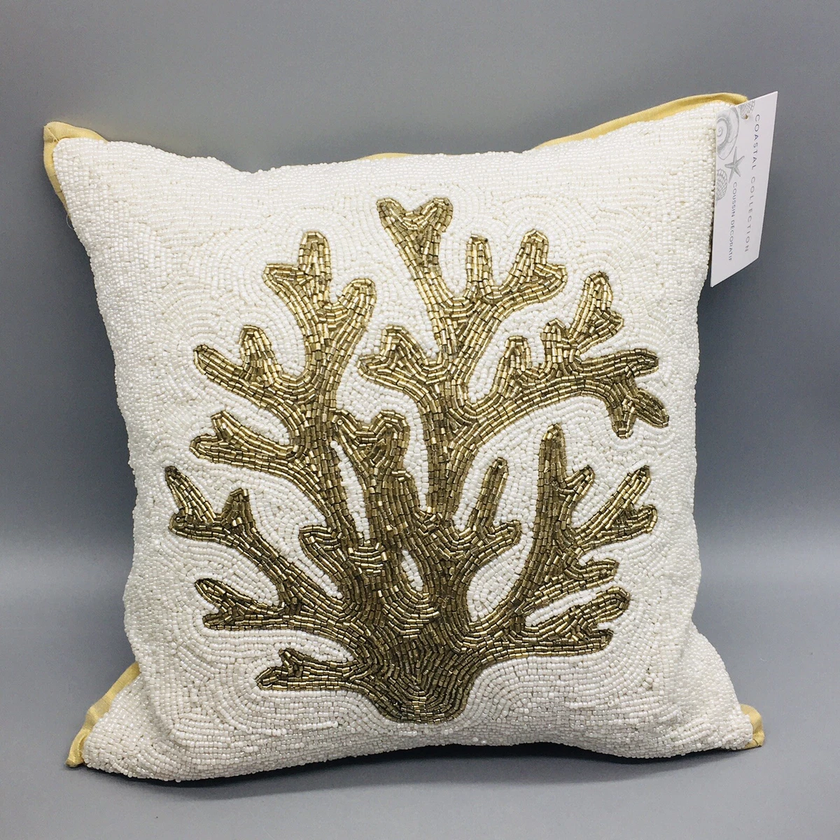 Coastal Collection White Gold Coral Beaded Throw Pillow Beach Ocean Decor 14
