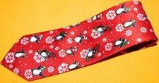 HALLMARK YULETIE GREETINGS RED/WHITE PENGUIN MOTIF POLYESTER TIE - DESIGNER TIES