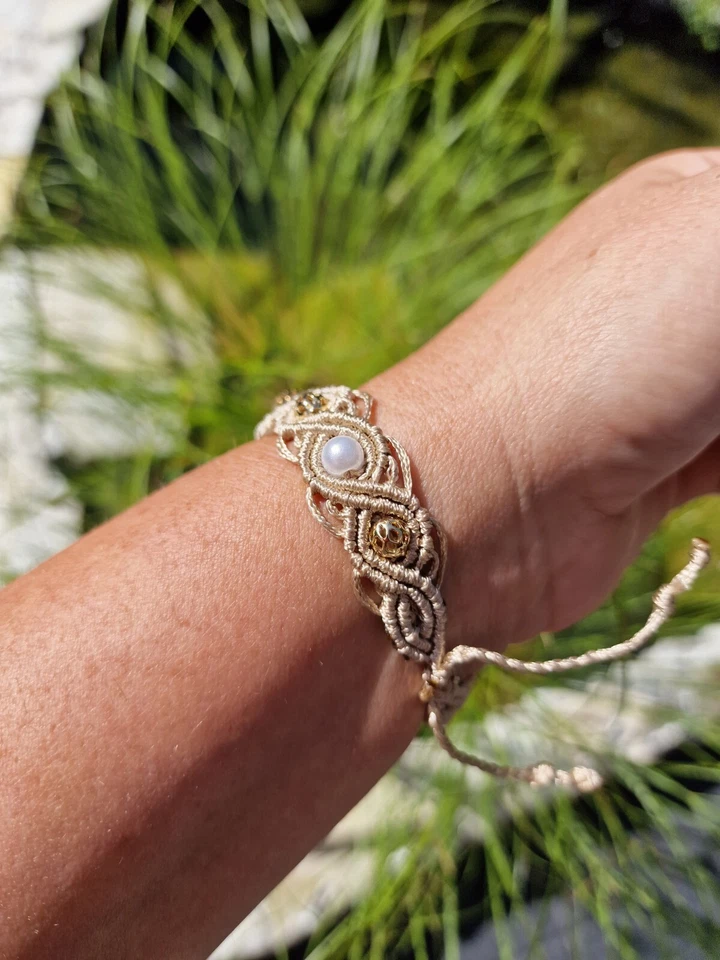 Makramee Armband Creme Gold Perlen Steine Pandahall Freundschaftsband Schmuck - Bild 3 von 4