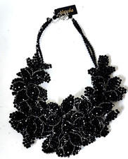 NEW NATASHA HAND MADE BLACK SHINY,CRYSTAL BEADS MULTI FLOWERS NECKLACE