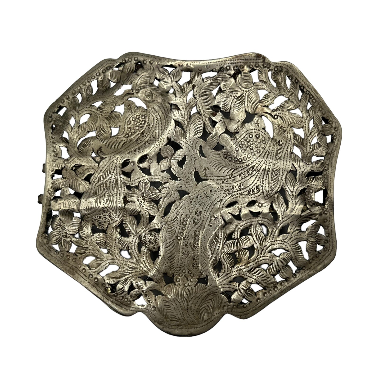 Antique Silver Engraved Etched Peacock Belt Buckle Birds Collectibles Rare image 2