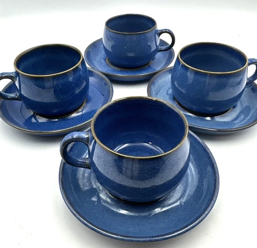 Denby Langley English Stoneware Blue Lot 4 Cups & 4 Saucers Vintage MCM Rare
