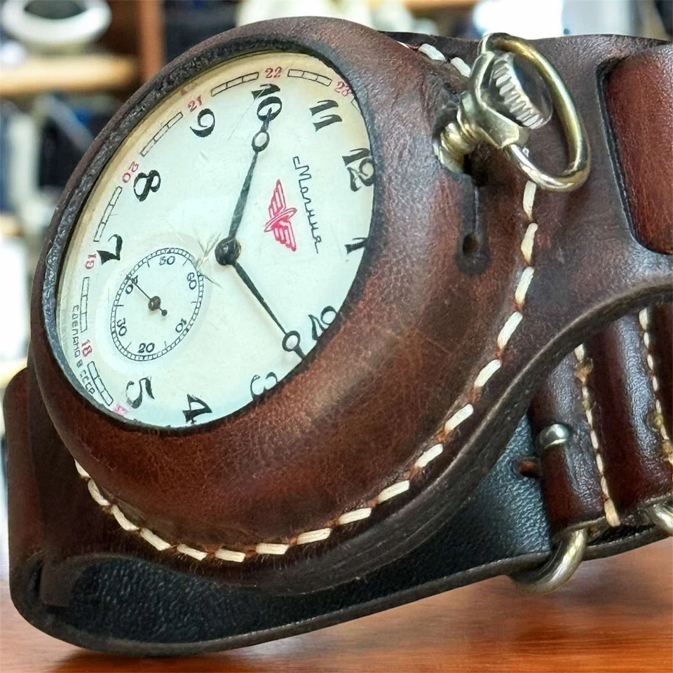 VINTAGE Molniya Pocket Watch Mechanical Soviet Ship Leather Case Russian USSR. - Image 4 of 4