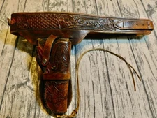 VTG WESTERN TOOLED LEATHER BELT & HOLSTER WITH AMMO LOOPS WAIST XL 42-44