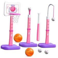3 in 1 Kids Basketball Hoop and T Ball Set, Adjustable Height Toddler Pink
