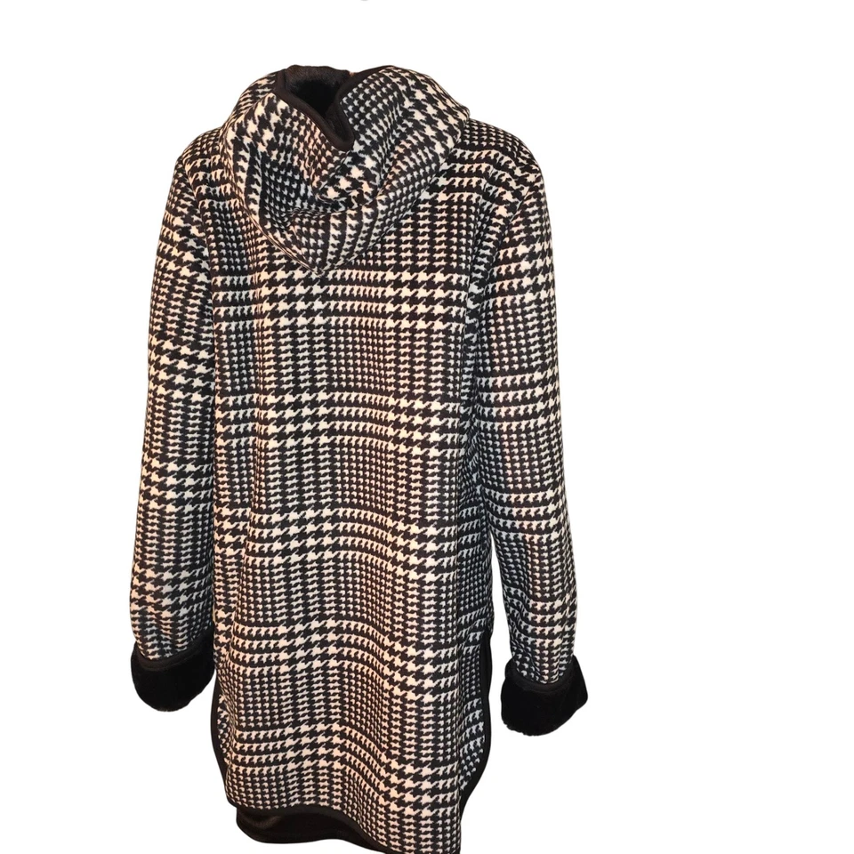 Abrigo con capucha forrado de piel sintética pata de gallo XL negro blanco Ike Behar para mujer NUEVO CON ETIQUETAS NUEVO Foto 4 de 4