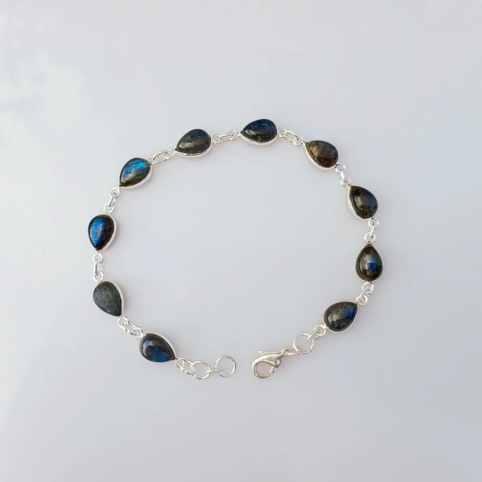 Natural Labradorite Gemstone Bracelet 925 Sterling Silver Handmade Jewelry - Image 2 of 4