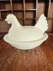 Vintage White Milk Glass Hen on Nest Covered Dish Large Beaded Rim Repair