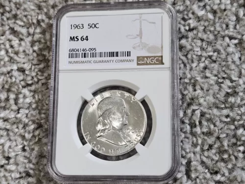1963 SILVER .50 FIFTY-CENT BEN FRANKLIN SILVER COIN - NGC MS 64