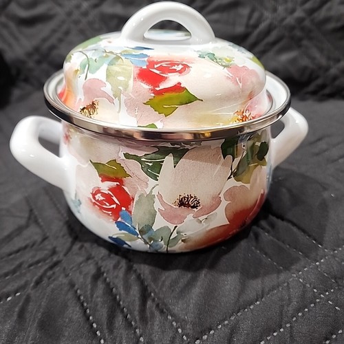 Set Of 2 Crofton 1 Qt Enameled Steel Pot Floral w/ Lid & Double Handles Cookware - Picture 6 of 13