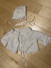 Vintage Handmade Baby Crochet/Knitted White 2 Pc Sweater  Bonnet Set