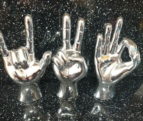 3× 25cm Silber Galvanisiert Keramik Rock'n'Roll Hand Hörner Gruß Faust Ornament - Bild 3 von 9