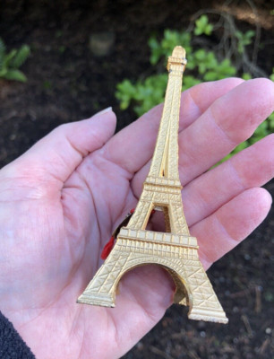 Vintage Paris Eiffel Tower Figurine Gilded Gold  Metal 4  Tall Statue Souvenir